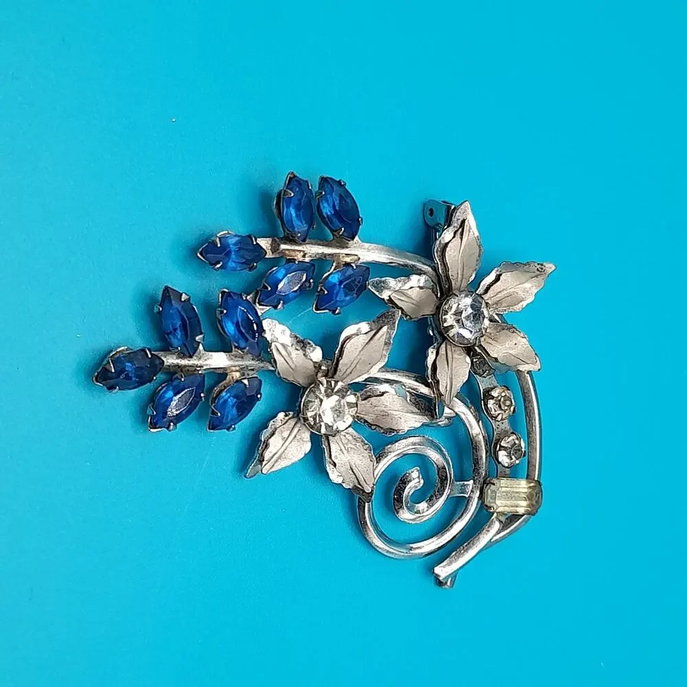Vintage Floral Rhinestone Brooch, Mid-century, Blue Clear Silver, 1950s